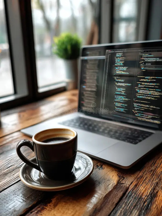 Laptop showing a website next to a cup of coffee